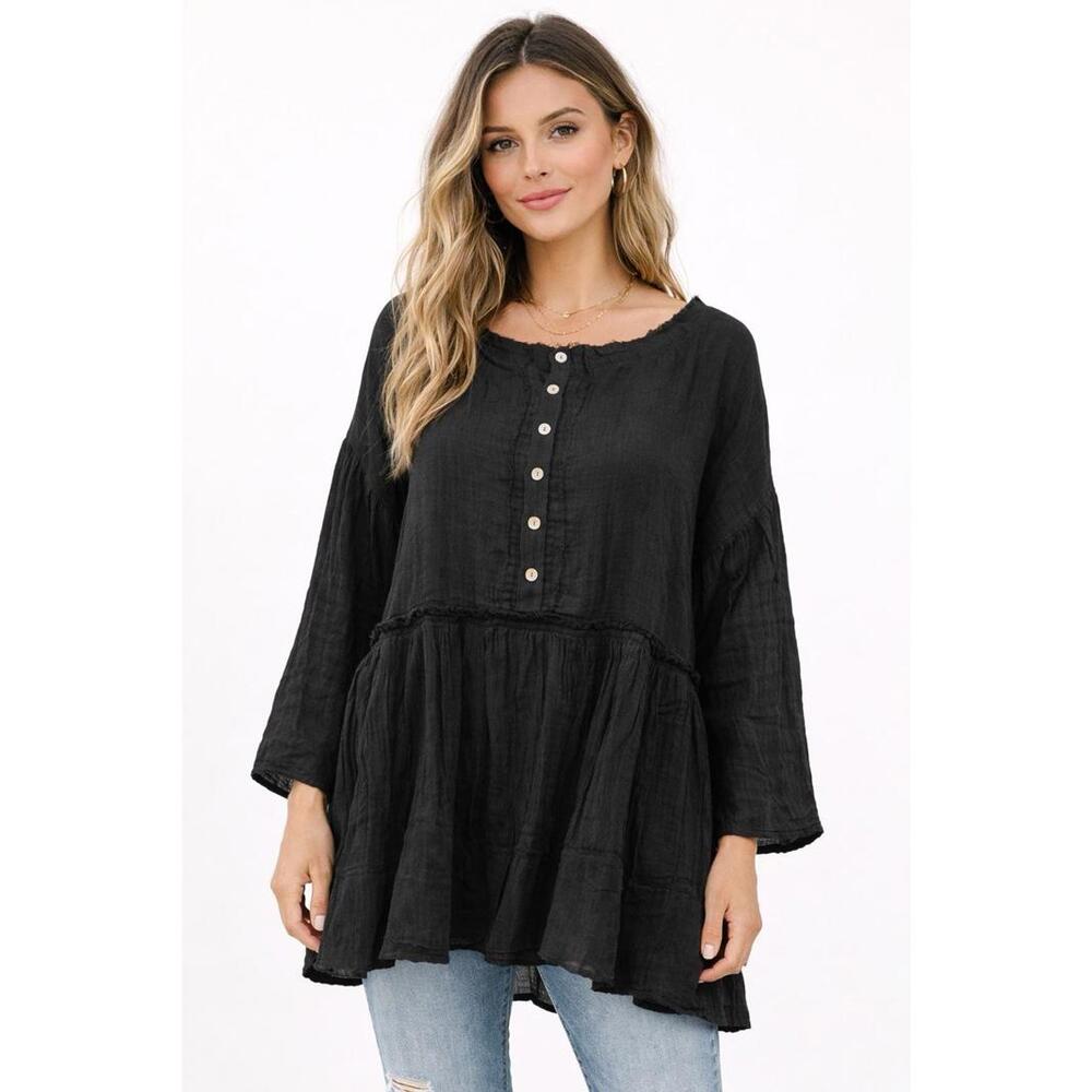 Rhea Olivia Top Black L/XL NWT 100% Cotton Gauze Boho Tiered Button 25x31